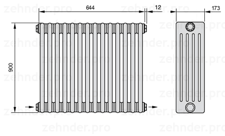 Схема (чертеж) Радиатор Zehnder Charleston 5090/14 №2670 Белый глянцевый RAL 9016